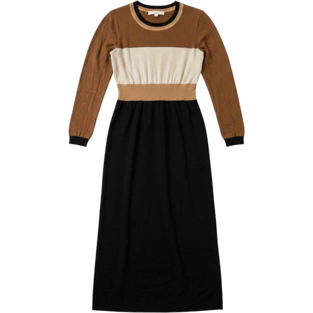 LOFT Colorblock Sweater Dress Womens Small Camel Black Cream Midi Knit